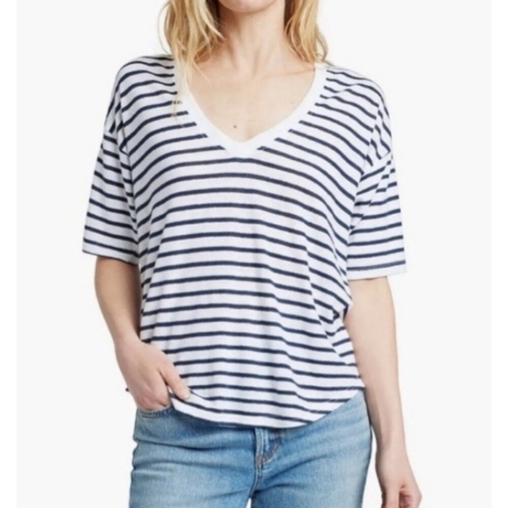 Faherty Oceanside Linen V-Neck Tee Women Top Medium Navy Stripe Coastal‎